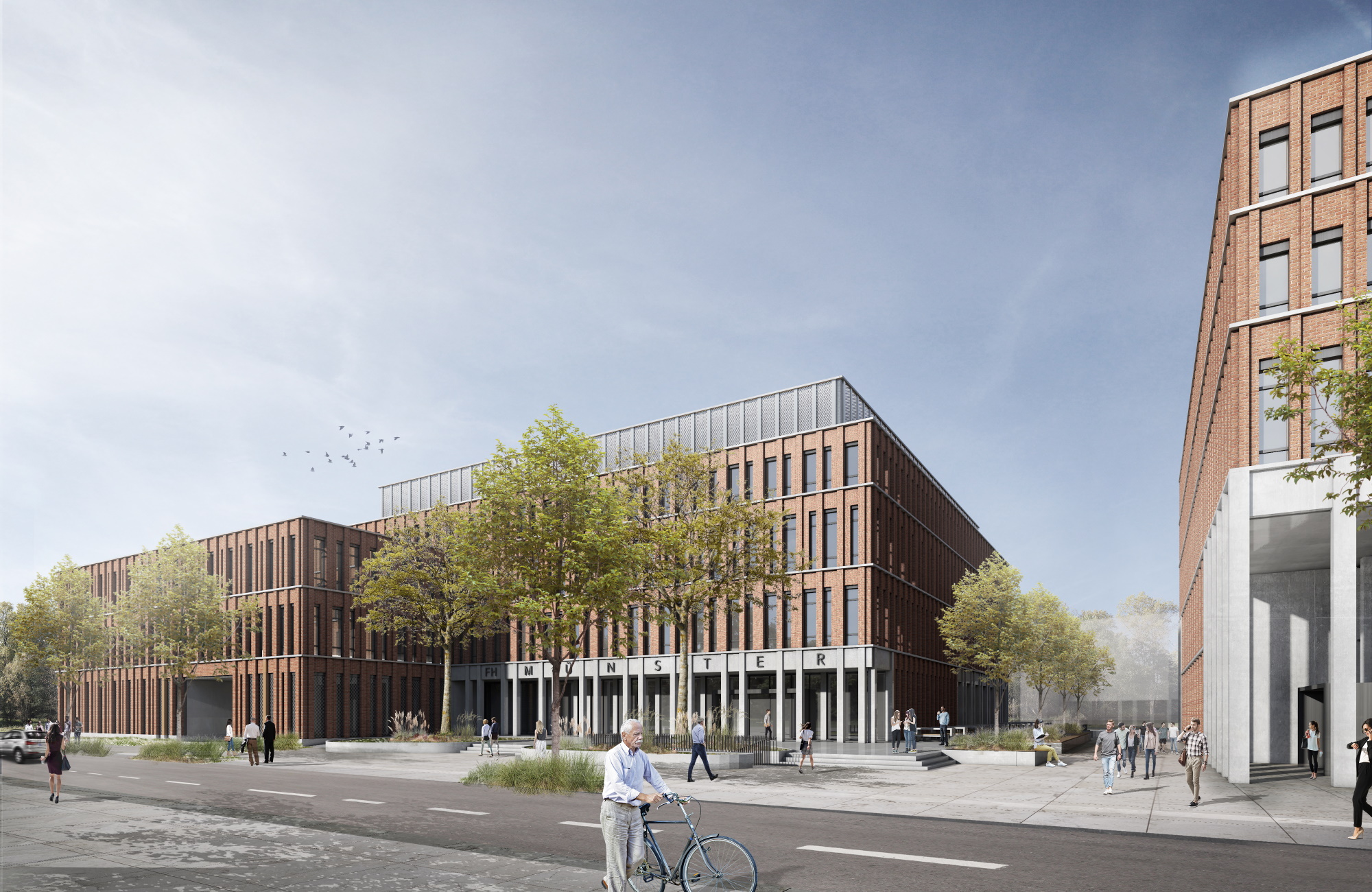 Die Visualisierung zeigt den Blick von der Straße auf den neuen Hüffer Campus.