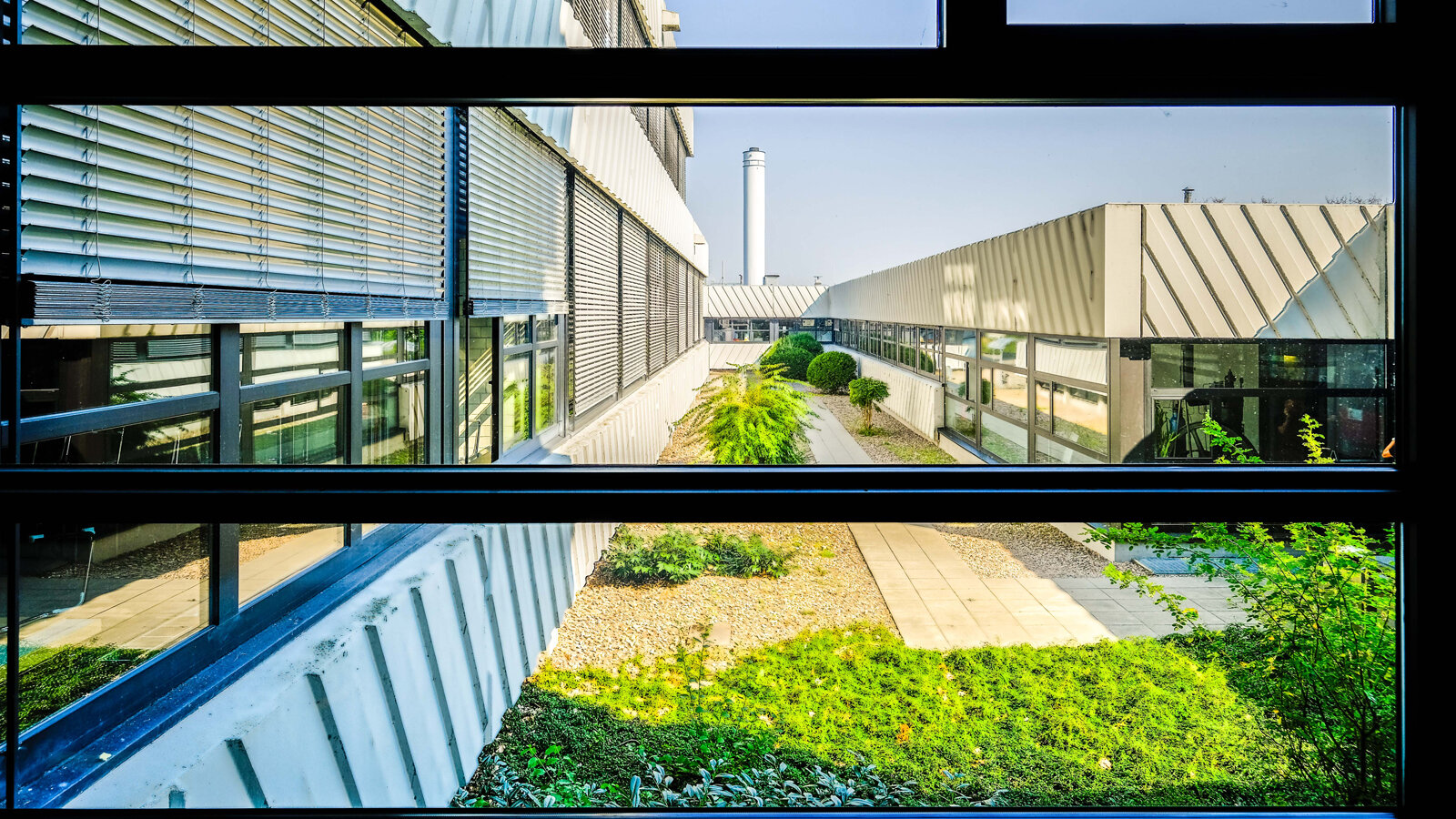 Die grünen Bereiche stehen im Kontrast zur Betonfassade des Gebäudes.