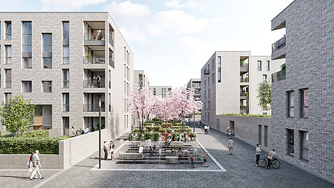 Visualisierung des künftigen Wohnprojektes Parc Dunant in Essen. Man erkennt mehrere helle Gebäude zwischen denen ein Aufenthaltsbereich mit Bäumen und Bänken geschaffen werden soll.
