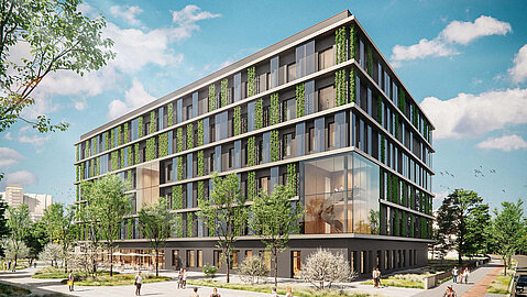 IUF Neubau Visualisierung des geplanten Neubaus mit vielen begrünten Fassaden Elementen.