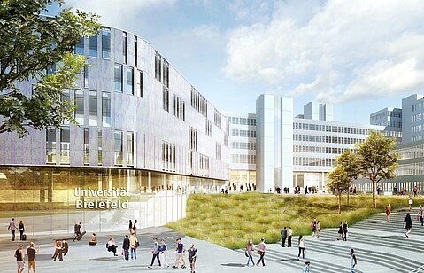 Visualisierung Haupteingangsbereich Universität Bielefeld Visualisierung des Haupteingangs der Universität Bielefeld der modernisiert wird. Im unteren Teil hat das Gebäude eine Glasfasade. Darüber setzt sich die Fassade aus länglichen Fenstern sowie festen Elmenten zusammen.