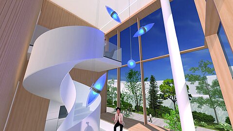 Visualisierung des geplanten Kunstwerkes in der Innenansicht: Im Vordergrund ist eine gedrehte Raumtreppe sowie Leuchtelemente. Im Fensterrahmen sitzt eine Person.