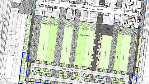 Zu sehen ist der Bauplan der Freianlagen des Campus