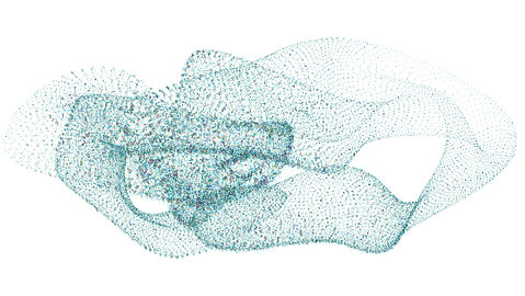 Garfische Arbeit einer Wolke bestehend aus grünen und blauen Punkten und Flächen