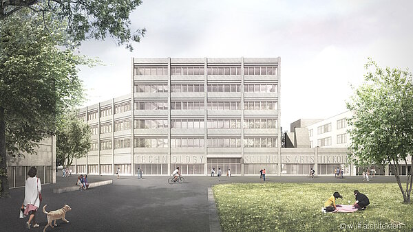 Visualisierung eines vier- bis sechsstöckigen Gebäudes mit heller Fassade in einer Campus-Umgebung