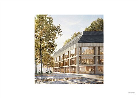 Außenvisualisierung des Entwurfs von meck architekten für das Viktoriakarree Bonn, Straßenansicht