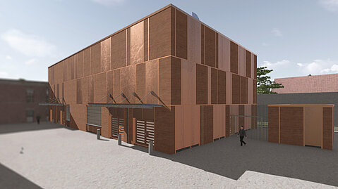 Computergrafik eines kompakten Gebäudes mit Schachbrett-artiger Fassade.