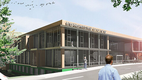 Rendering des geplanten zweigeschossigen Neubaus mit Flachdach bei Tageslicht.
