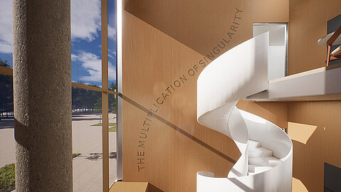 Visualisierung des geplanten Kunstwerkes in der Innenansicht: Ein Schriftzug in einer Holzverkleidung hinter einer gedrehten Raumtreppe.
