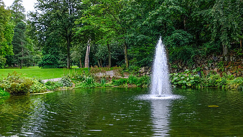 Umgeben von Bäumen entspringt eine hohe Fontäne einem großen Teich.