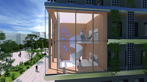 Visualisierung des geplanten Kunstwerkes in der Außenansicht: Blick durch ein Fenster auf eine gedrehte Raumtreppe. Vor dem Gebäude ist die Straße mit Fußwegen und Fußgängern zu sehen.