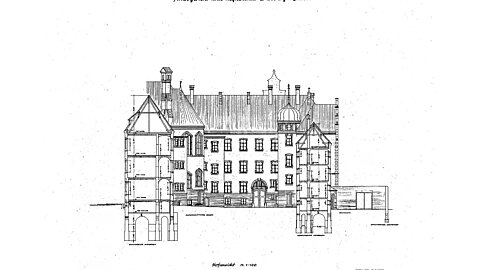 Der Blick vom Hof auf das Gebäude in einer historischen Bestandszeichnung.