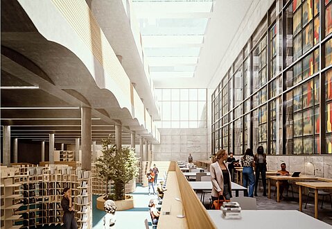 Innenraumvisualisierung des Entwurfs von ARGE 4a Architekten / thoma architekten, Bibliotheksbereich