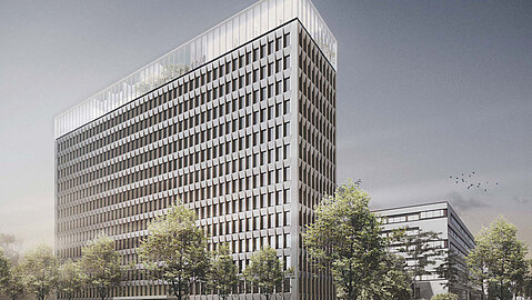 Visualisierung des Siegerentwurfs Der Blick von außen auf das Gebäude nach dem Entwurf von agn Niederberghaus und Partner GmbH.
