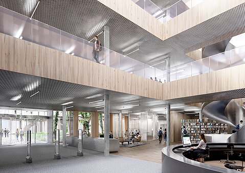 Innenraumvisualisierung des Entwurfs von augustinundfrank/winkler für das Viktoriakarree Bonn, Bibliotheksfoyer