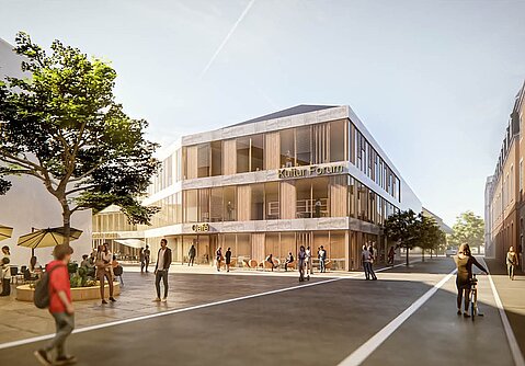 Außenvisualisierung des Entwurfs von ARGE 4a Architekten / thoma architekten, Blick entlang der Straße