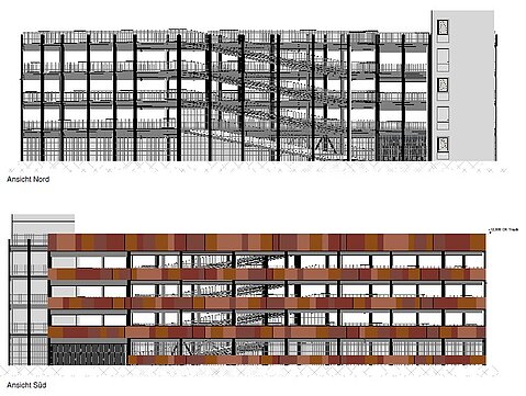 Visualisierung Parkhaus Hochschule Niederrhein Krefeld Seitenansicht und Querschnitt eines Parkhauses
