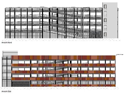Seitenansicht und Querschnitt eines Parkhauses
