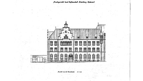 Den Blick von der Hanielstraße auf das Amtsgericht zeigt eine alte Bestandszeichnung. 