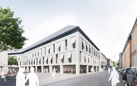 Außenvisualisierung des Entwurfs von Henchion Reuter für das Viktoriakarree Bonn, Franziskanerstraße.