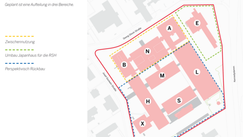 Der Lageplan zeigt die Gebäude auf dem Campus Golzheim mit ihrer geplanten Nutzung. 