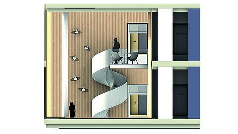 Visualisierung des geplanten Kunstwerkes in der Innenansicht: Neben einer gedrehten Raumtreppe sind Leuchtelemente montiert.