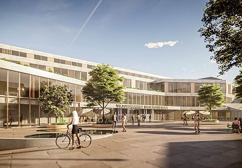Außenvisualisierung des Entwurfs von ARGE 4a Architekten / thoma architekten für das Viktoriakarree Bonn, Vorplatz