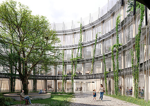 Innenhofsvisualisierung des Entwurfs von augustinundfrank/winkler für das Viktoriakarree Bonn, begrünter Innenhof